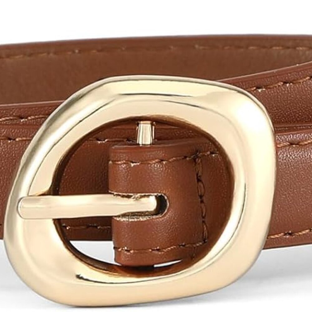 Women Faux Leather Skinny Waist Belt with Gold Silver Buckle for Dresses